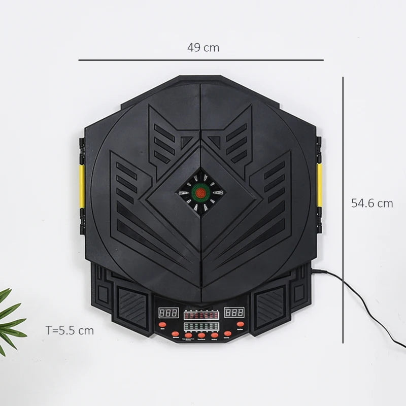 Black corner electronic dartboard with LED panel and angled side guards
