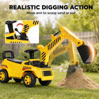Yellow ride-on digger toy with raised digging arm and front scoop bucket for digging play