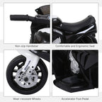 Kids electric ride-on motorbike details: non-slip handlebar, ergonomic seat, traction wheels, pedal.