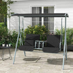 Outdoor 2-seater swing bench with tilting canopy, black cushions, front tray and table