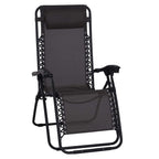 Black folding zero gravity chair with head pillow, recline lounge, metal frame armrests