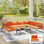 Orange outdoor dining corner cushions on metal bench frames