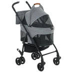 Grey mesh pet stroller with canopy, four wheels, and front carry handle