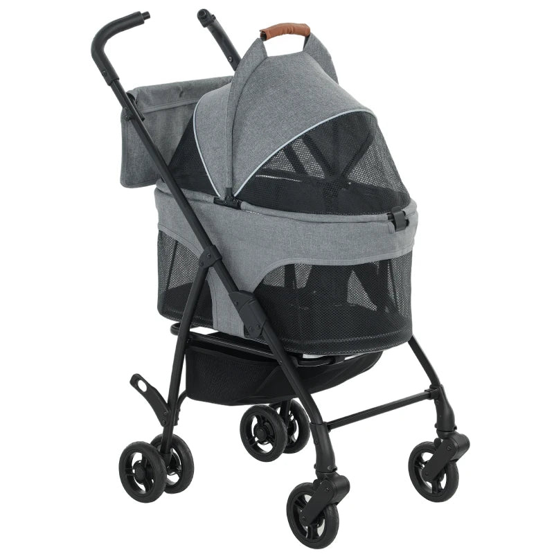 Grey mesh pet stroller with canopy, four wheels, and front carry handle