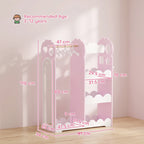 Kids pink dress-up wardrobe storage unit with mirror and shelves, shown with size diagram