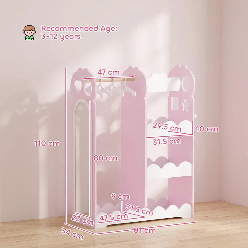 Kids pink dress-up wardrobe storage unit with mirror and shelves, shown with size diagram