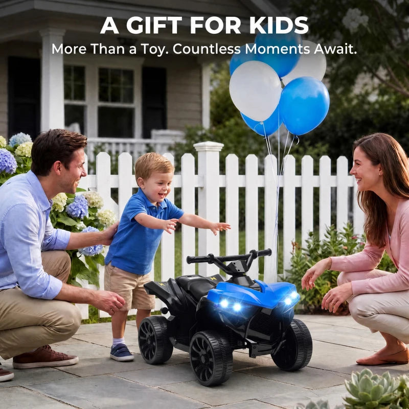 Blue electric ride-on ATV with glowing LED headlights and toddler seat