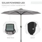 Light grey garden parasol with solar panel and switch for LED lighting