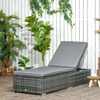 Grey padded rattan sun lounger recliner chair with low profile backrest cushion