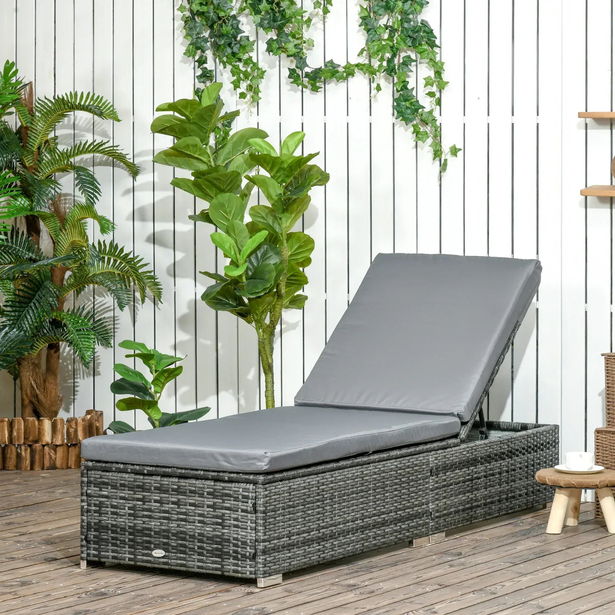 PE Rattan Sun Lounger, Five-level Adjustable Recliner Bed Chair with Soft Padded Cushion for Patio, Garden, Mixed Grey - Bobobiy