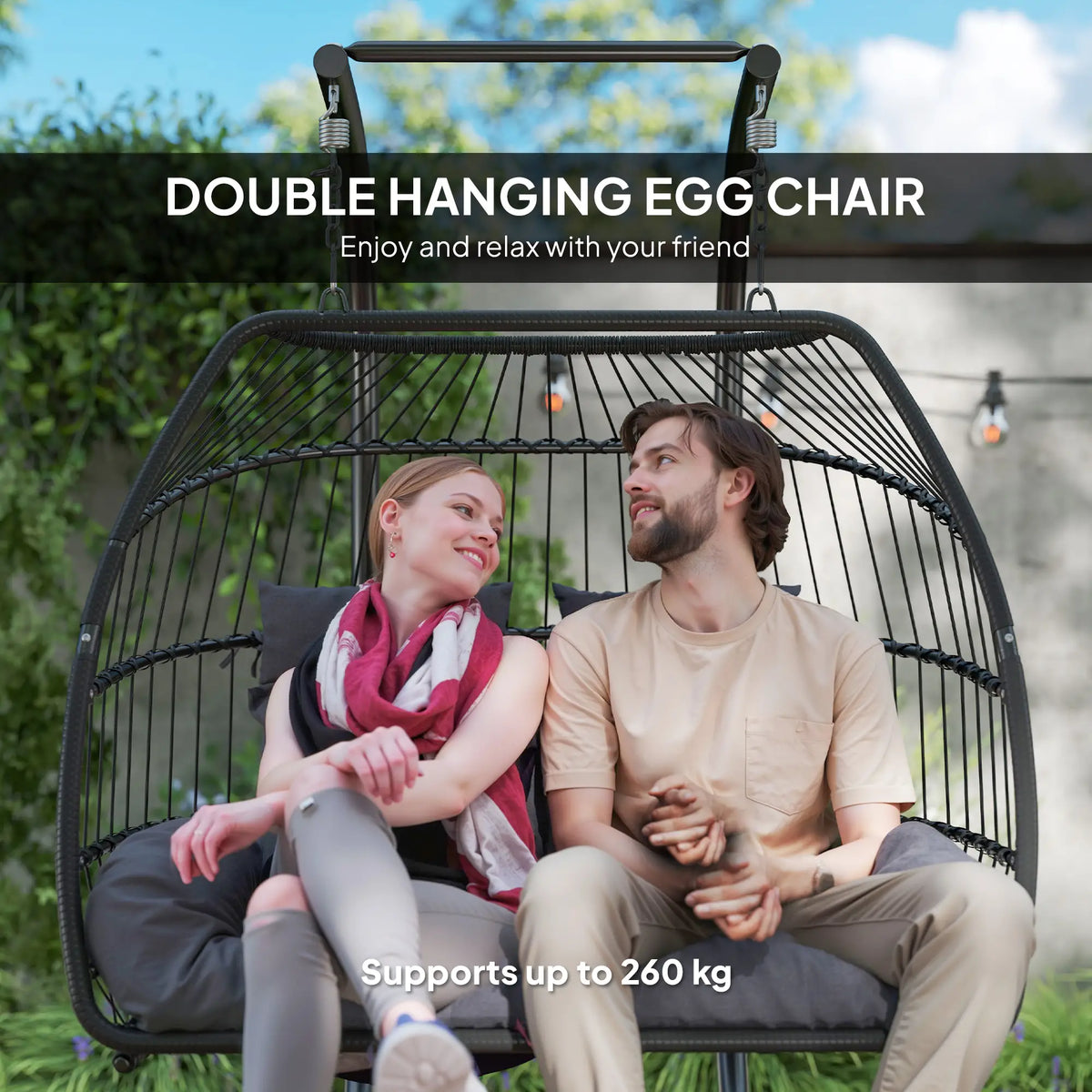 Outsunny Rattan Double Hanging Egg Chair with Stand, Foldable Wicker Swing Egg Chair with Cushion, Head Pillows, Steel