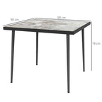 Grey square outdoor dining table, 90 x 74 cm, marble-effect tempered glass top, steel frame