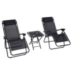 Black folding zero-gravity patio chair set with small table, mesh seats, headrests