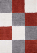 Geometric area rug with red, gray, and white square blocks