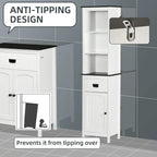 White tall cabinet with anti-tipping bracket, open shelves, drawer, and paneled door