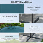 Blue cantilever parasol umbrella showing vented top and cross base support details