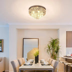 Silver crystallite ceiling chandelier with clear crystal facets and round chrome canopy