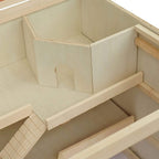 Wooden hamster cage interior with enclosed corner walls and arched entry cutout