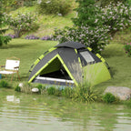 Two-person camping tent with green roof panels and gray side walls, staked outdoors