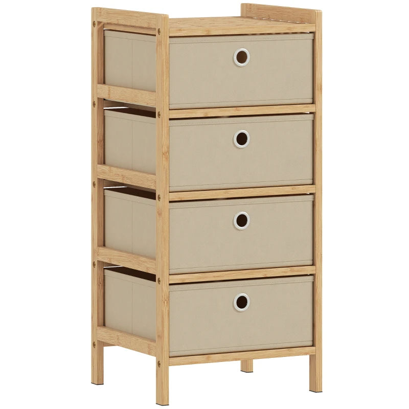 Narrow cream drawer chest with bamboo frame and four fabric drawers, round pulls