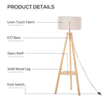 Tripod lamp detail: linen-touch fabric shade, open shelf, solid wood legs, foot switch