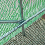 Green greenhouse corner joint with steel frame on ground, PE mesh cover