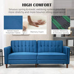 Blue velvet-feel three-seater sofa bed with tufted back and split seat cushions, front view