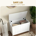 White storage chest with lid open and black safety hinges visible inside