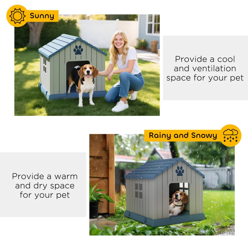 Grey dog house with blue roof and paw-print emblem in garden; pet and owner nearby