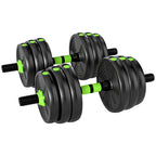 Adjustable dumbbell set with black plates and green grips, paired dumbbell view