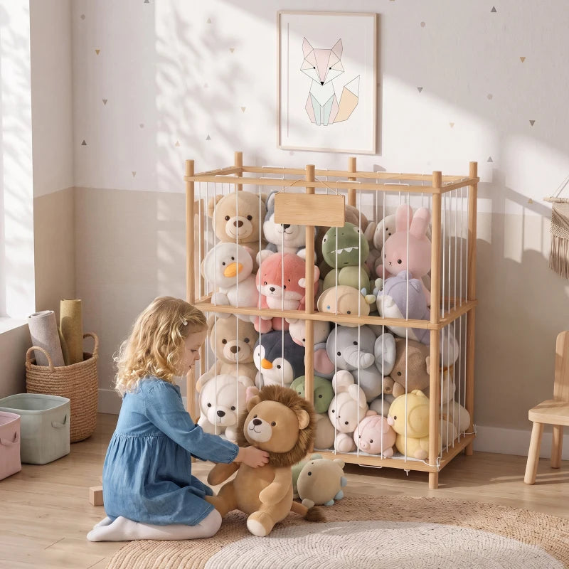 Wooden stuffed animal storage zoo with plush toys, child reaching through open front