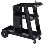 Black welding cart trolley with open frame, safety chains, and caster wheels