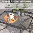 Light grey metal coffee table with tempered glass tabletop and rounded legs