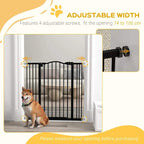 Black adjustable pressure-fit dog gate with four screw adjustments and wall pressure mounts
