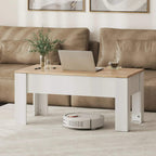 Lift-top coffee table with light oak top and white base, tabletop closed over storage