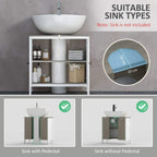 White bathroom sink cabinet with open door shelves and under-sink storage space.