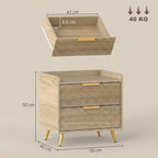 Natural wood side table showing interior of top drawer and two-drawer front