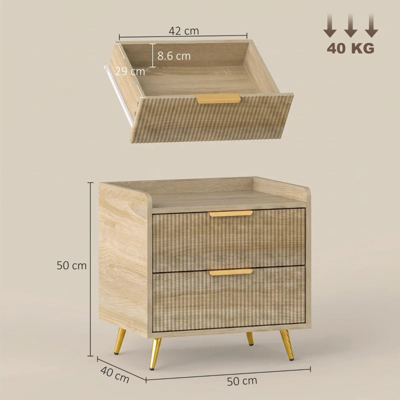Natural wood side table showing interior of top drawer and two-drawer front