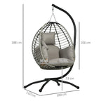 Grey hanging egg chair with padded seat and back cushions in woven shell