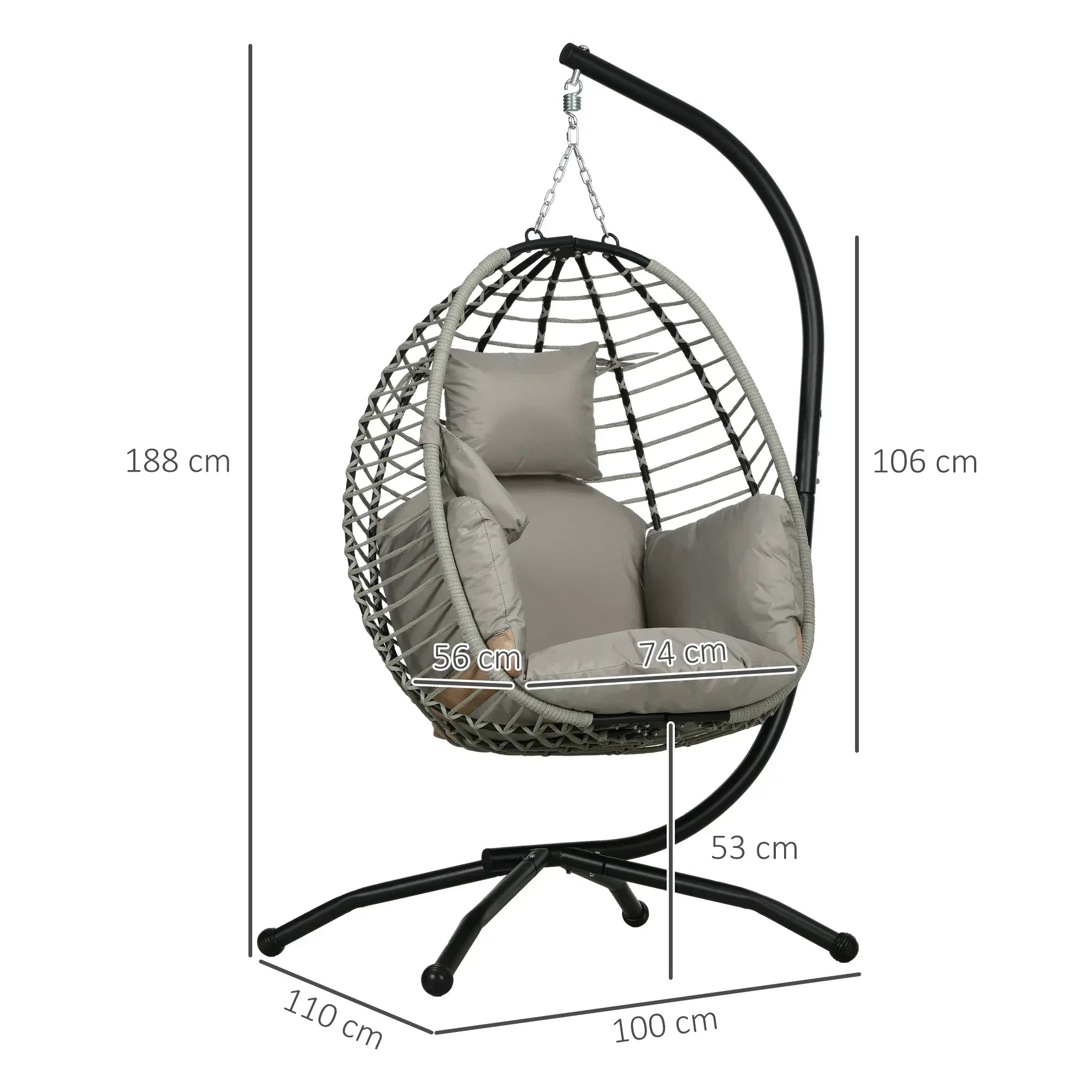 Single Rattan Hanging Egg Chair, with Seat Cushion - Grey - Bobobiy