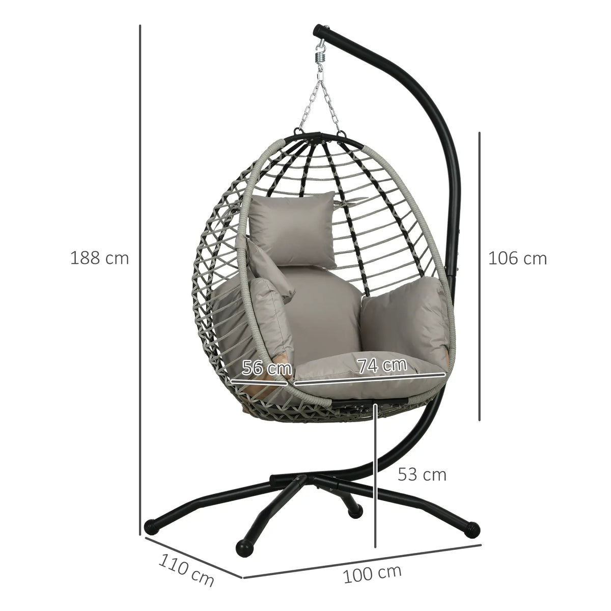 Outsunny Single Rattan Hanging Egg Chair, with Seat Cushion Grey