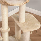 Beige cat tree lower platform with two sisal-wrapped posts and support base