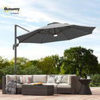 Dark grey cantilever patio parasol with central LED light under open canopy and stand