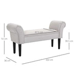 Upholstered bench with rounded arms, greyish white upholstery and dark tapered legs
