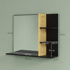 Bamboo bathroom mirror cabinet with black frame and side shelves, front open layout
