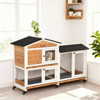 2-tier indoor rabbit hutch with run, white wire mesh, wood panels, black roof pads, wheels