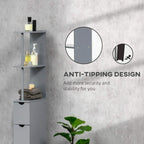 Grey tall bathroom cabinet with open shelves and drawer, shown with anti-tip feature.
