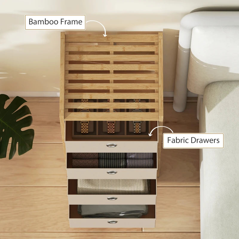Bamboo-frame organizer with four cream fabric drawers, viewed from the back