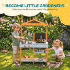 Outdoor wooden play kitchen with sink, stove burners, and bottom storage shelf