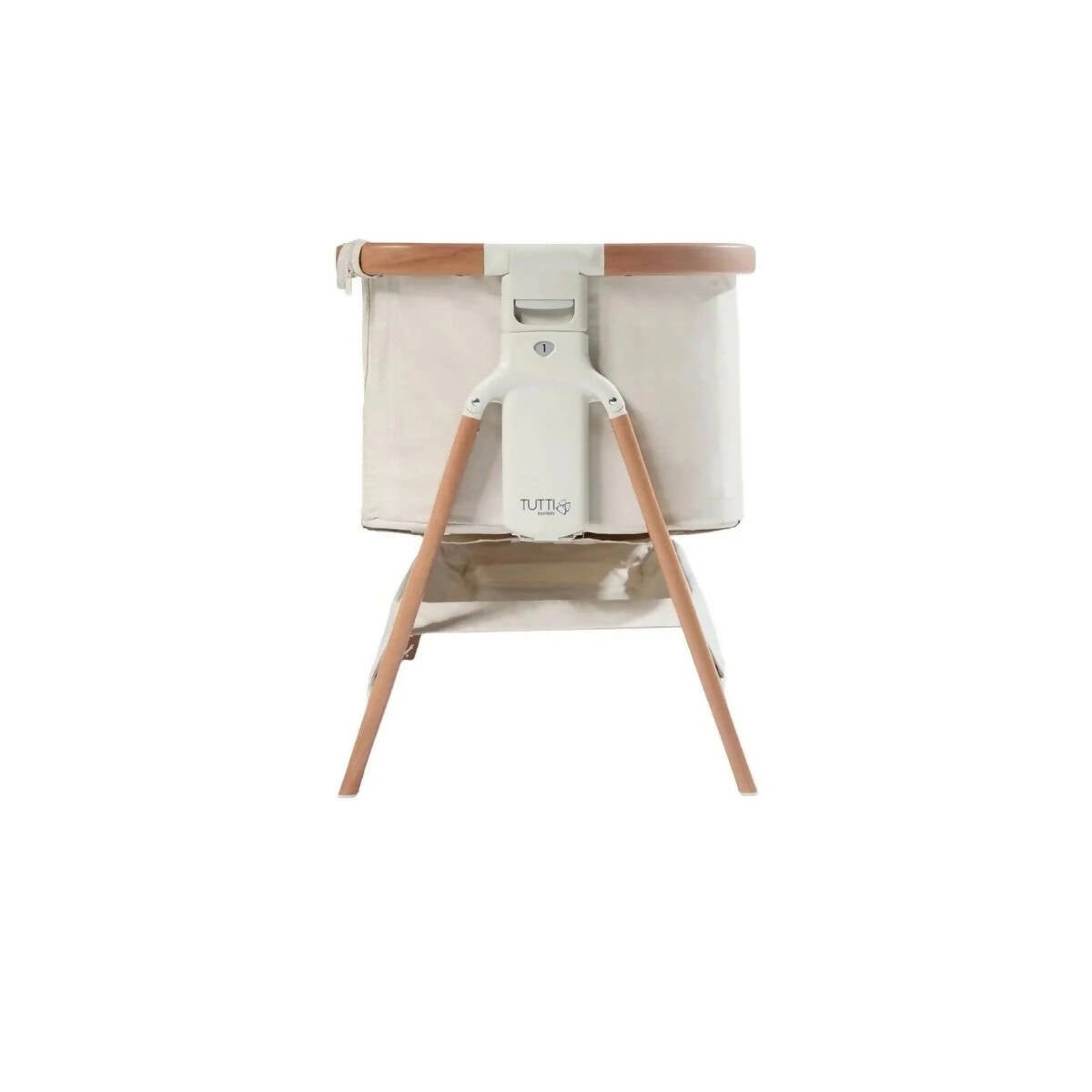 Ecru and walnut bedside crib with canopy top and four wooden legs